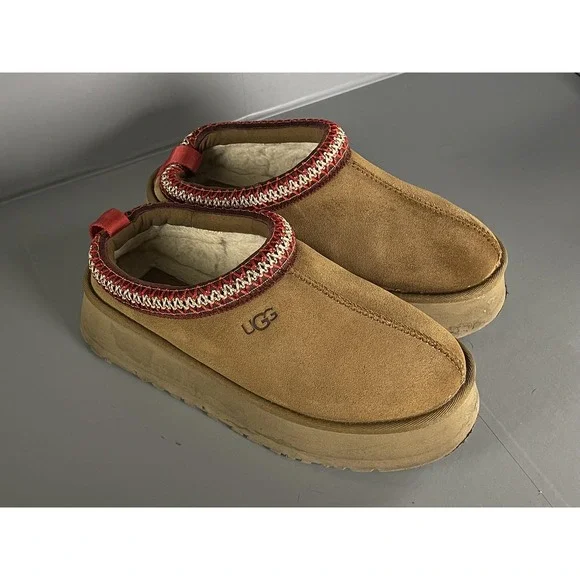 UGG Tazz II Shoes Womens Size 7 Chestnut Suede Platform Sheepskin Slippers - Picture 2 of 12